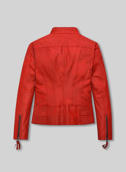 Back view of a red lambskin leather jacket with seam detailing and zippered cuffs