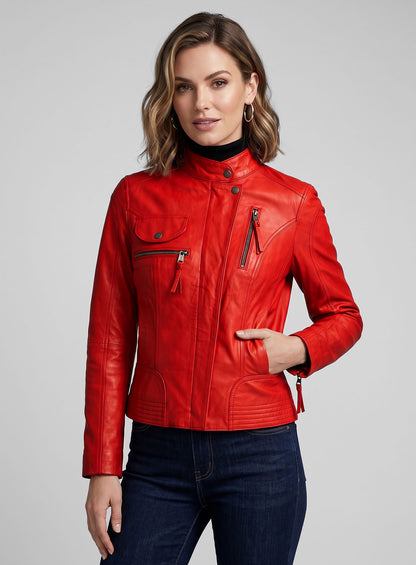 Woman wearing a red lambskin leather jacket with stand collar and zip pockets