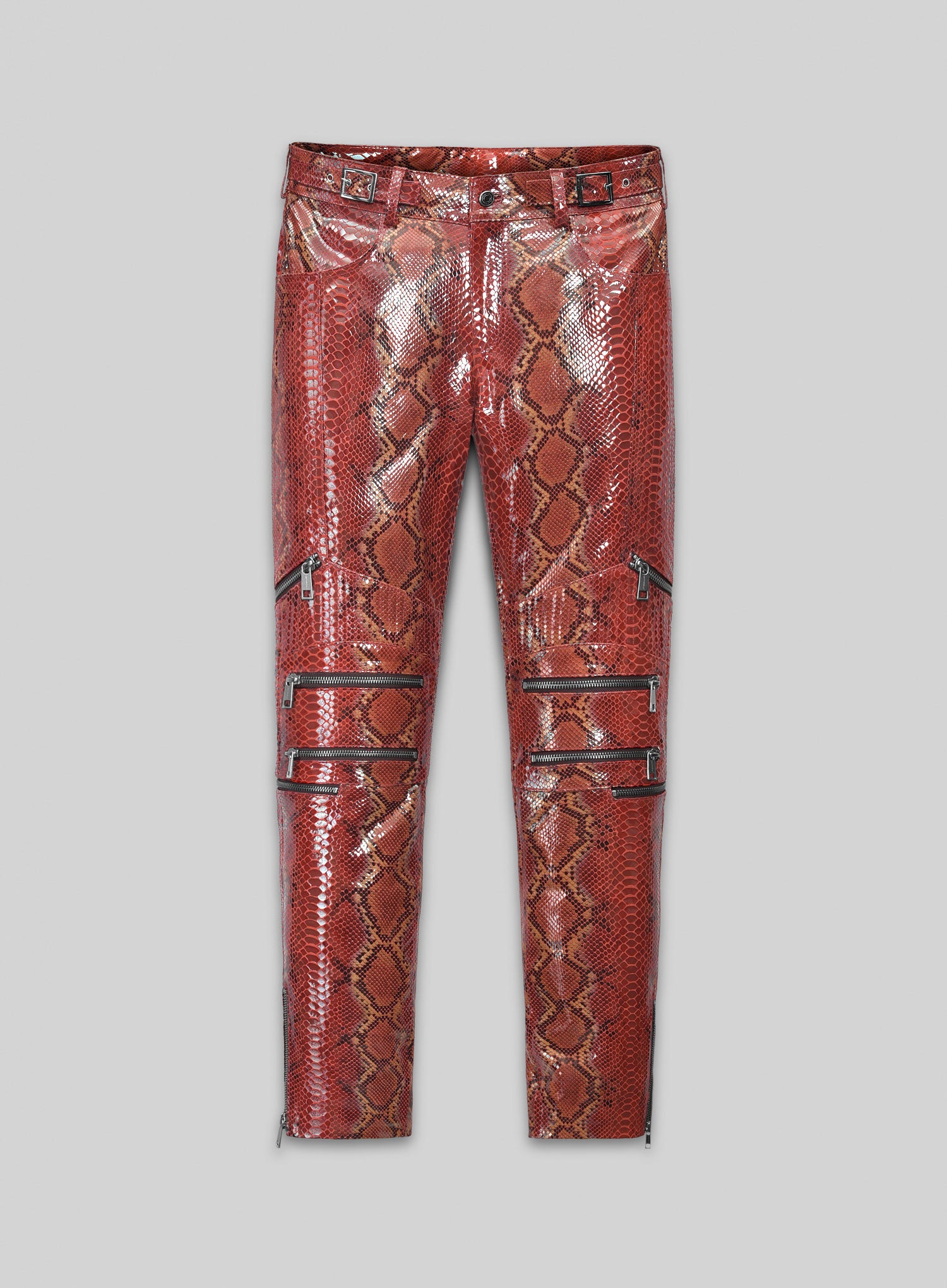 Bold Red Python Electric Zipper Mono Leather Pants – LeatherCult
