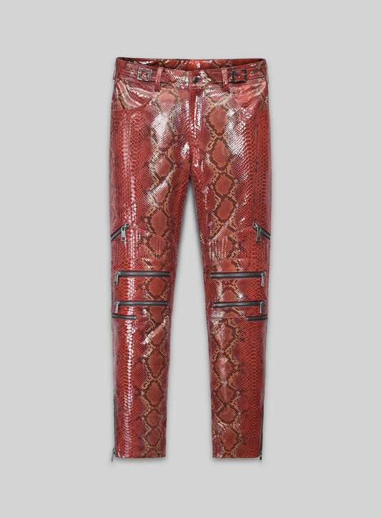 Bold Red Python Electric Zipper Mono Leather Pants