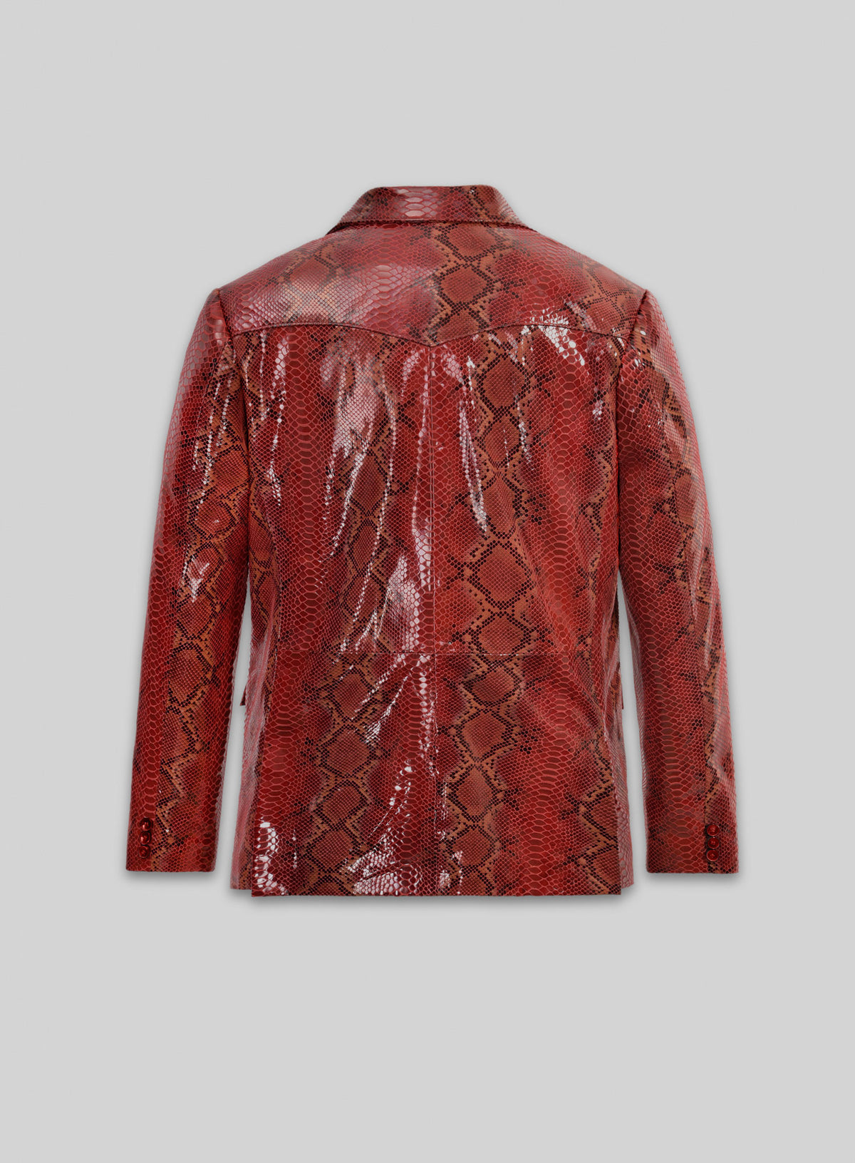 Back view of a red python-print leather blazer with western yoke