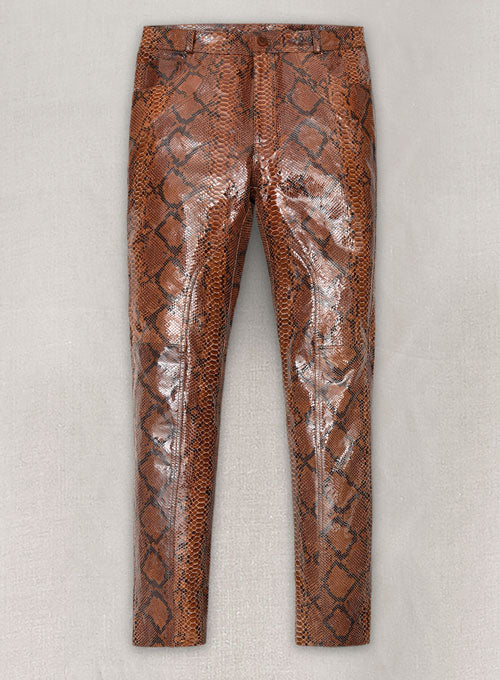Bold Brown Python Leather Biker Jeans - Style #501 - LeatherCult