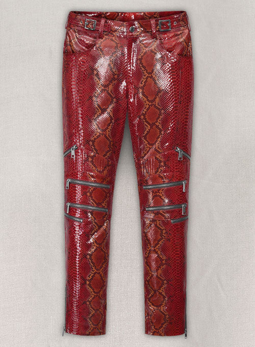 Bold Red Python Electric Zipper Mono Leather Pants - LeatherCult