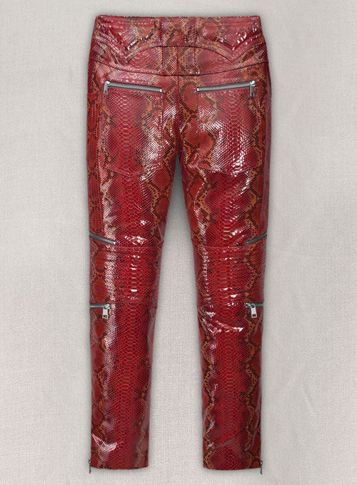 Bold Red Python Electric Zipper Mono Leather Pants - LeatherCult