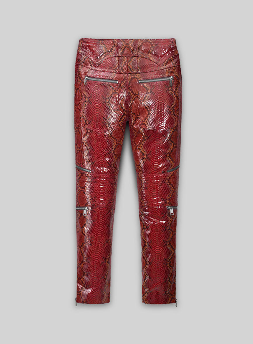 Bold Red Python Electric Zipper Mono Leather Pants