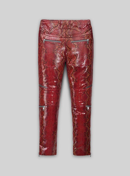 Bold Red Python Electric Zipper Mono Leather Pants