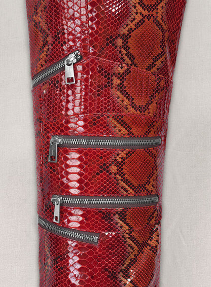 Bold Red Python Electric Zipper Mono Leather Pants - LeatherCult