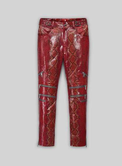 Bold Red Python Electric Zipper Mono Leather Pants
