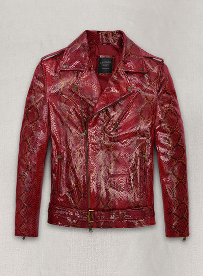 Bold Red Python Pure Leather Biker Jacket #2 - LeatherCult