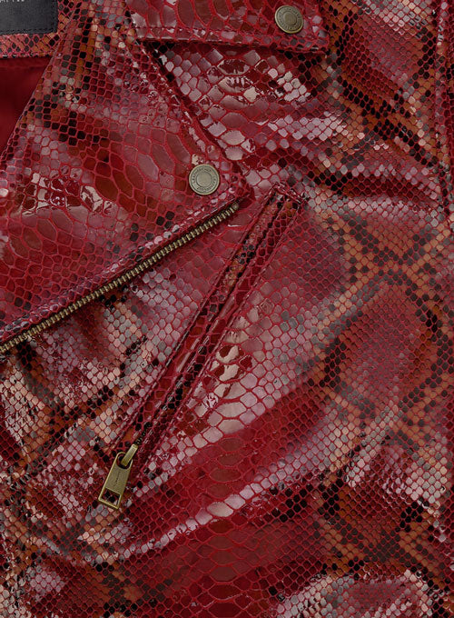 Bold Red Python Pure Leather Biker Jacket #2 - LeatherCult