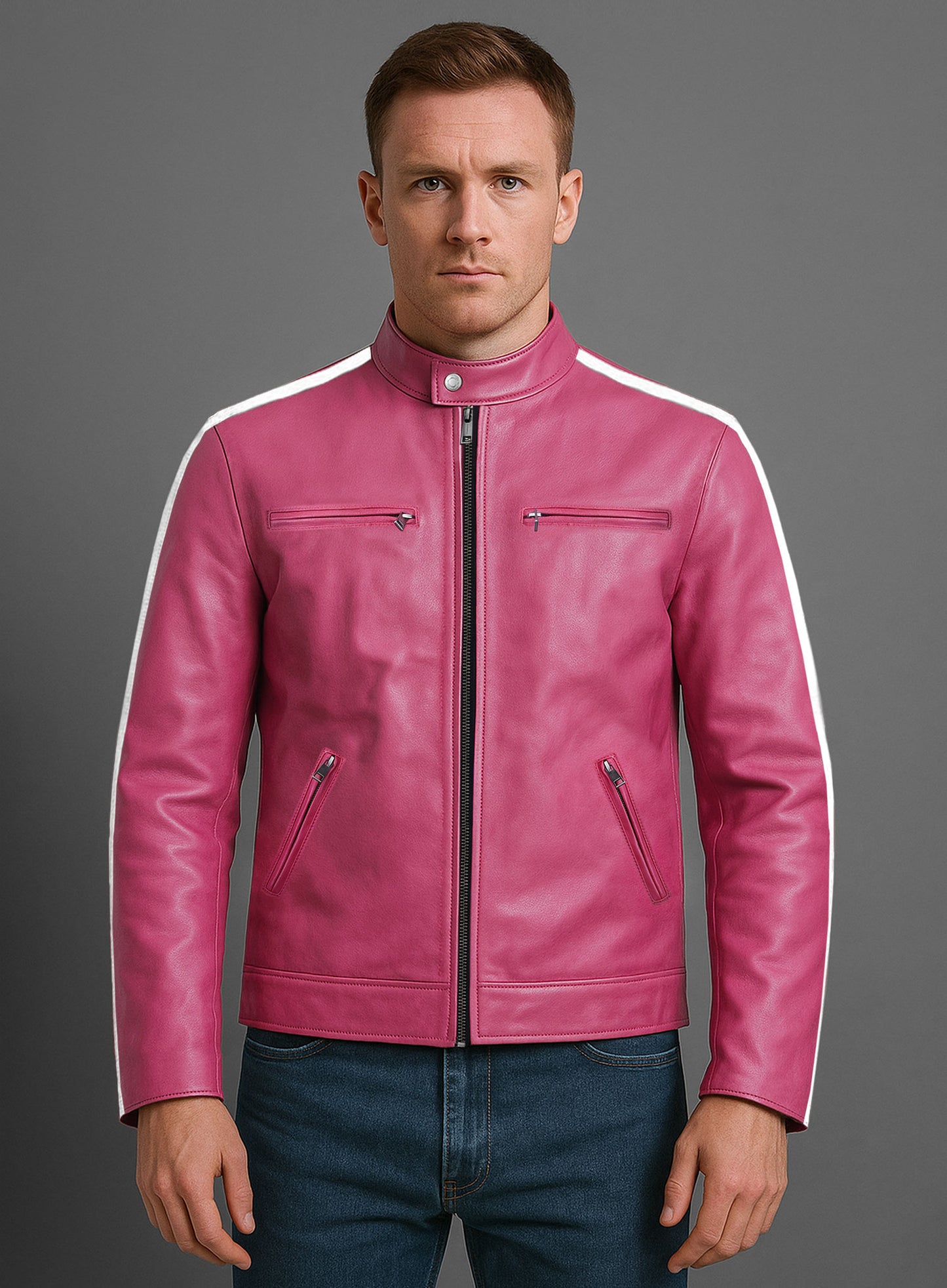 Bright Pink Leather Jacket Sportsman Stripe