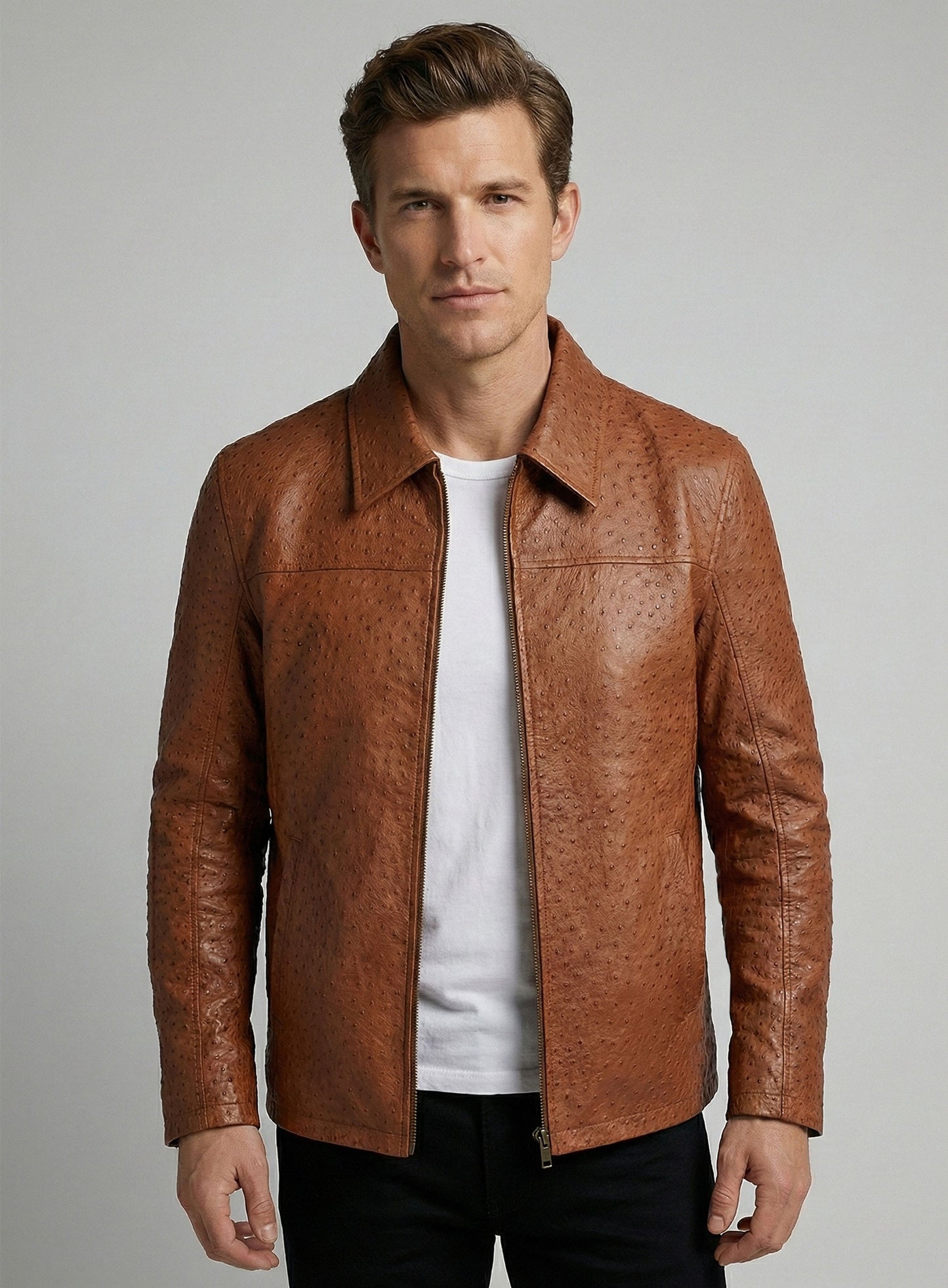 Brown Ostrich Leather Hipster Jacket #2