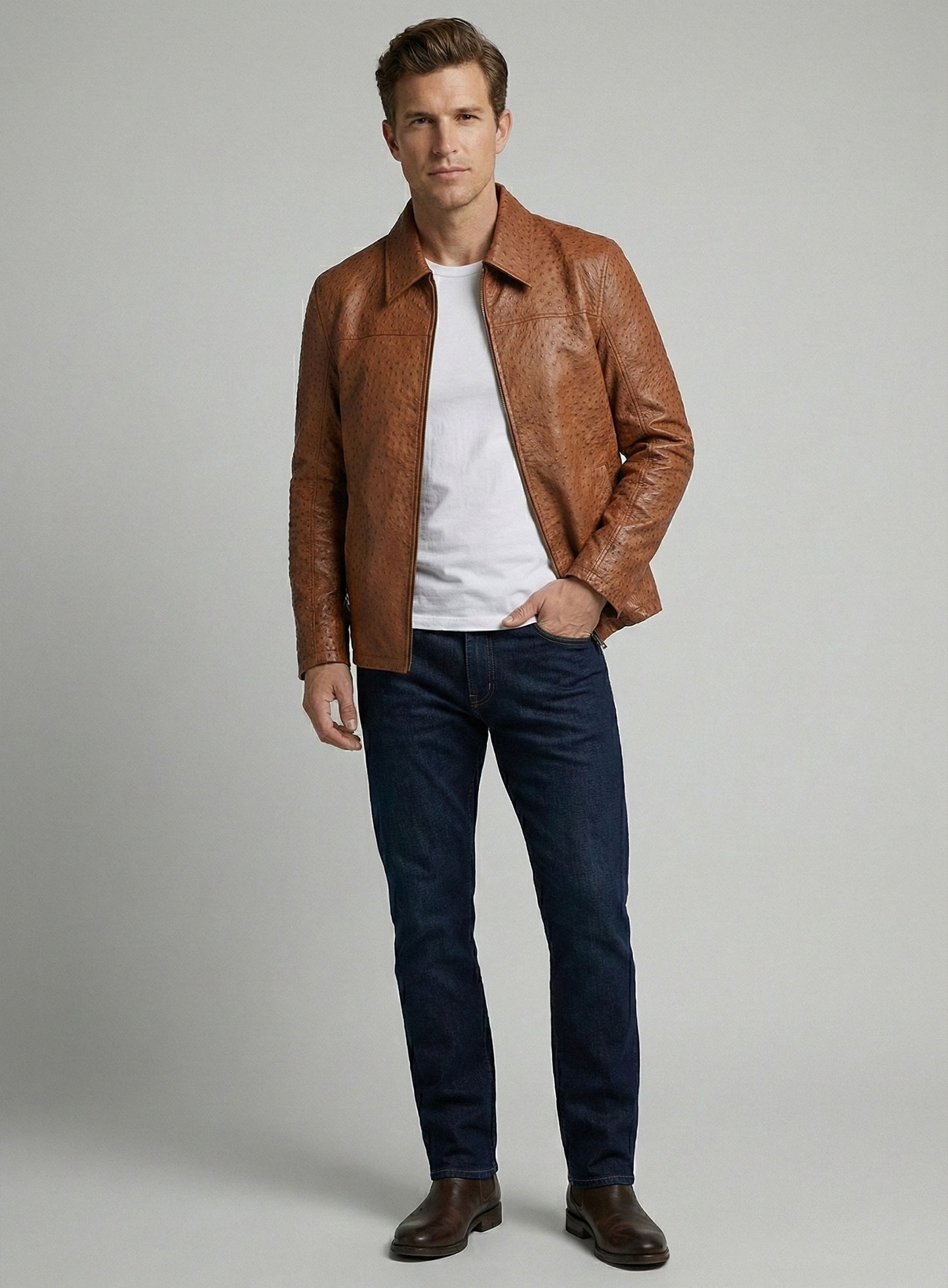 Brown Ostrich Leather Hipster Jacket #2