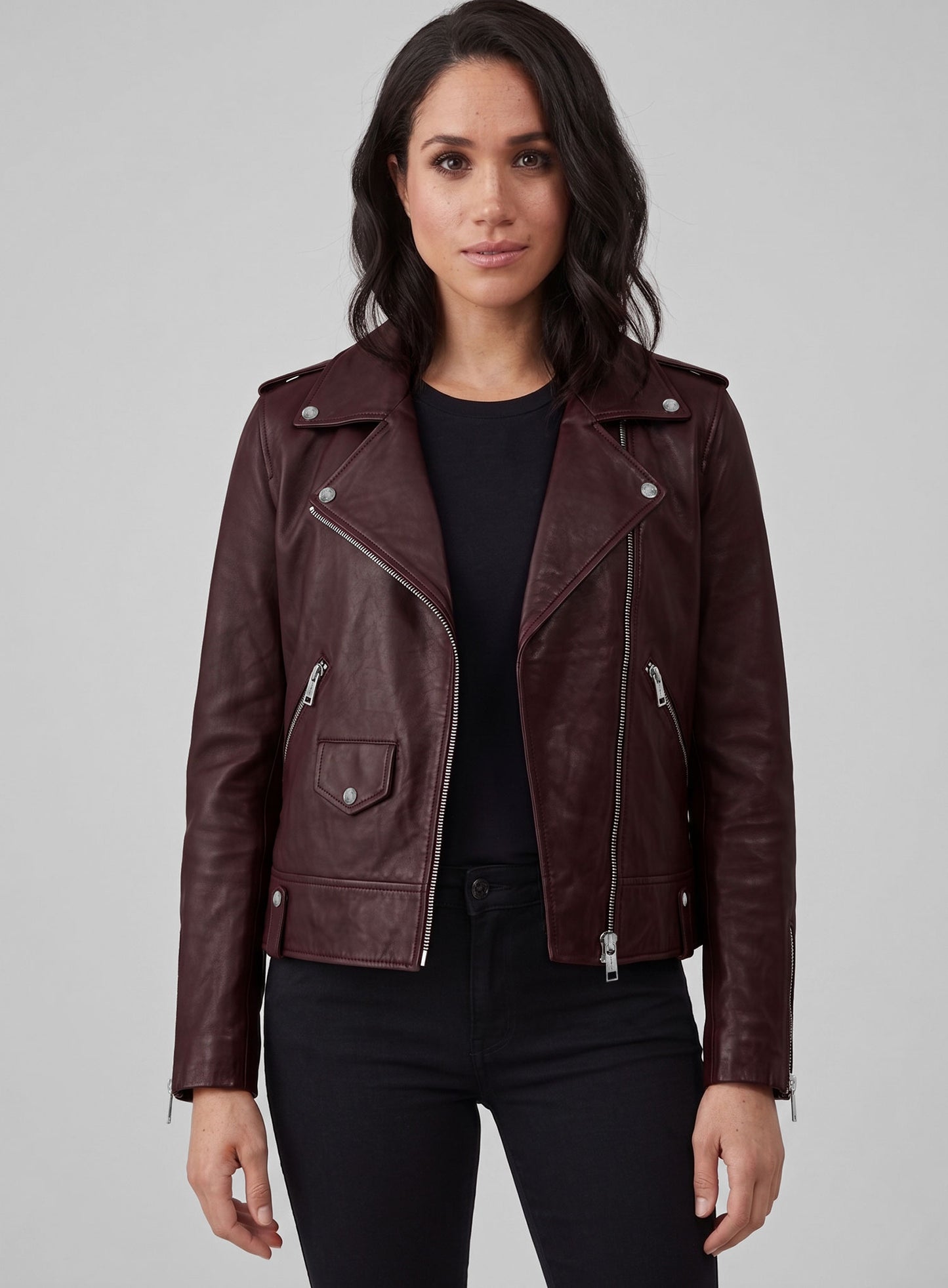 Burgundy Meghan Markle Leather Jacket