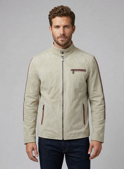 Burnt Red Suede Stripe Leather Jacket #100