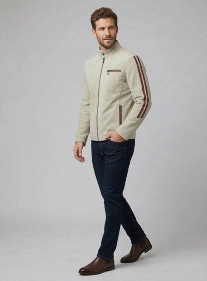 Burnt Red Suede Stripe Leather Jacket #100