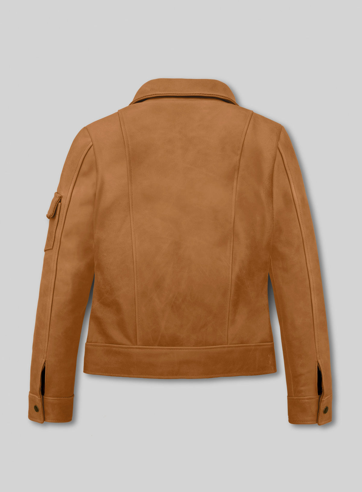 Back view of a tan leather jacket with sleeve pocket and snap cuffs