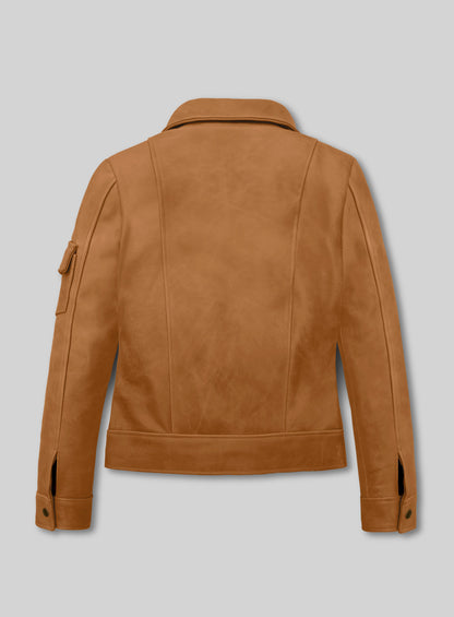 Back view of a tan leather jacket with sleeve pocket and snap cuffs