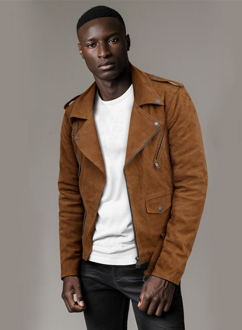Caramel Brown Suede Pure Leather Biker Jacket #2 - LeatherCult