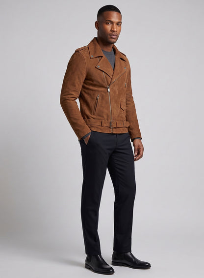 Caramel Brown Suede Pure Leather Biker Jacket #2