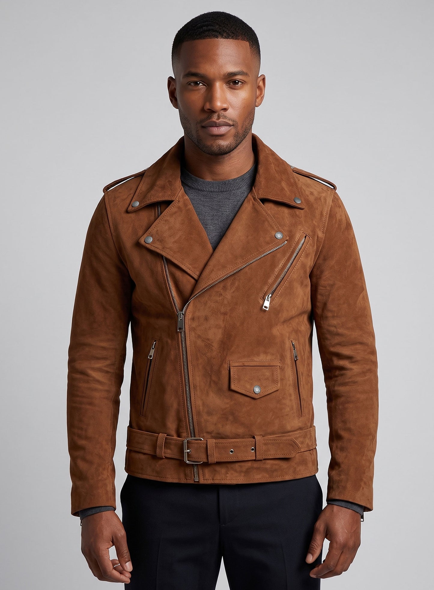 Caramel Brown Suede Pure Leather Biker Jacket #2