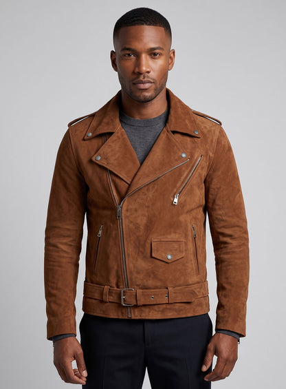 Caramel Brown Suede Pure Leather Biker Jacket #2