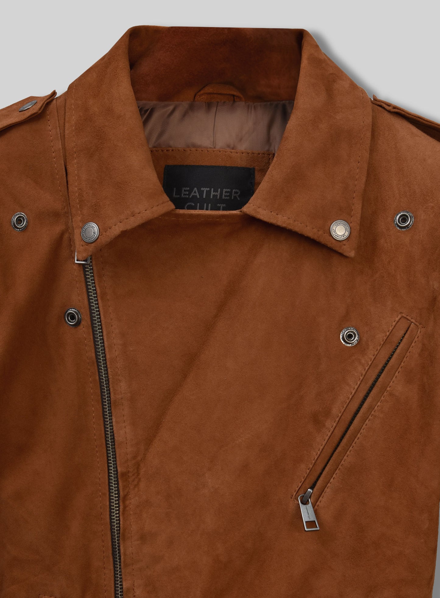 Caramel Brown Suede Pure Leather Biker Jacket #2