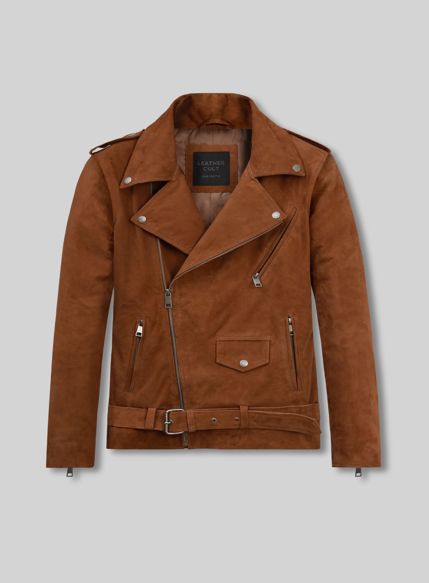 Caramel Brown Suede Pure Leather Biker Jacket #2