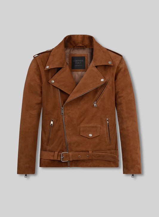 Caramel Brown Suede Pure Leather Biker Jacket #2