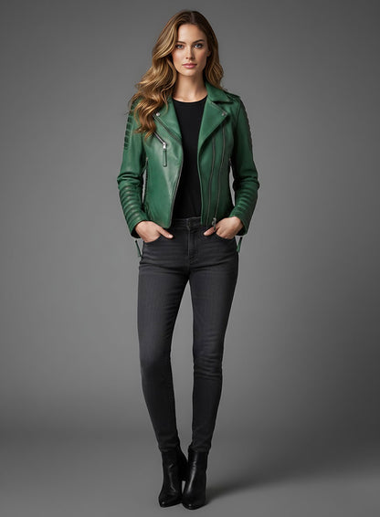 Charlotte Burnt Green Leather Jacket