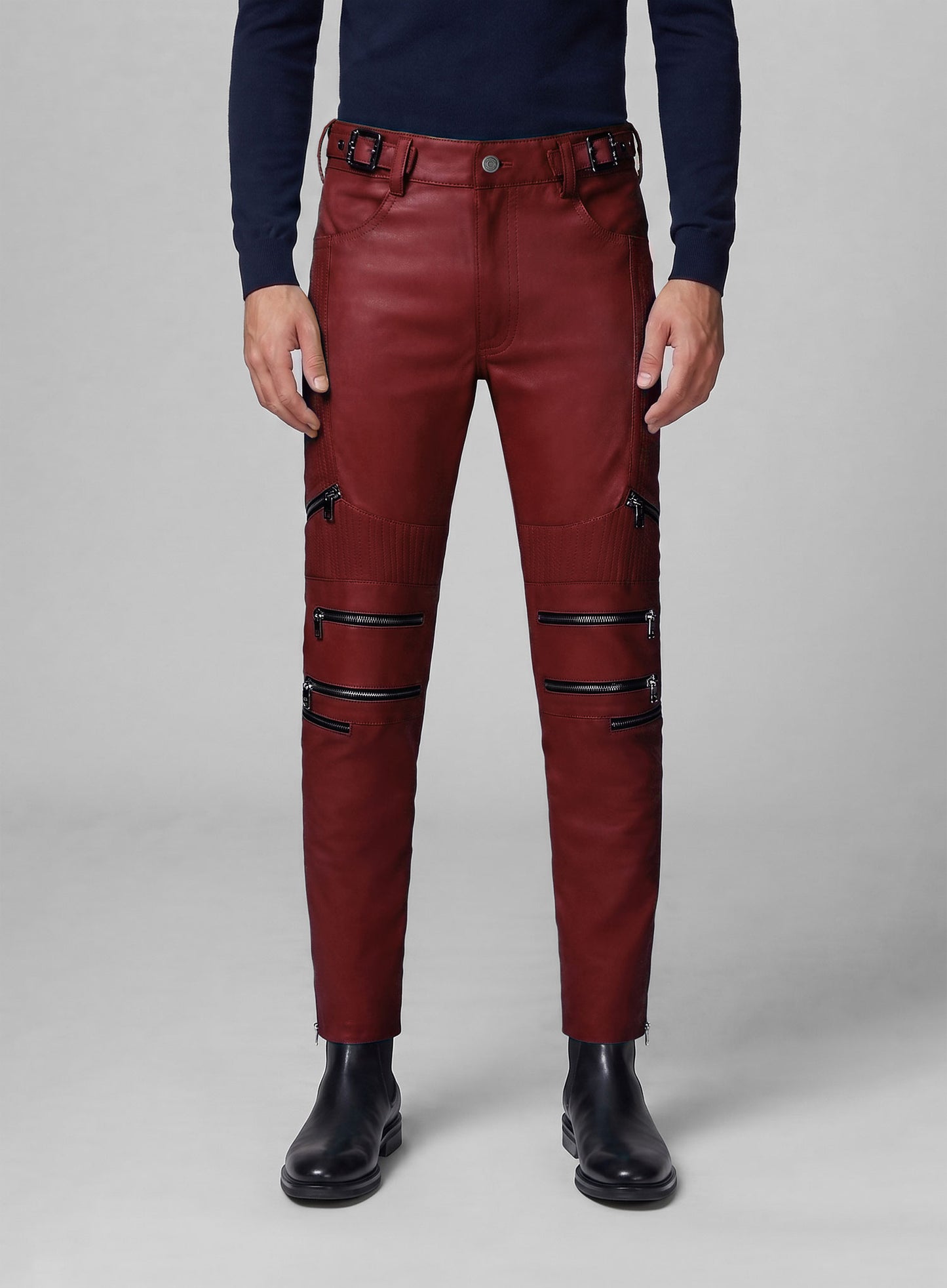 Cherry Red Electric Zipper Mono Leather Pants