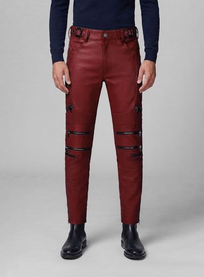 Cherry Red Electric Zipper Mono Leather Pants