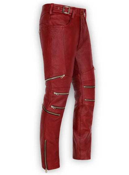 Cherry Red Electric Zipper Mono Leather Pants - LeatherCult