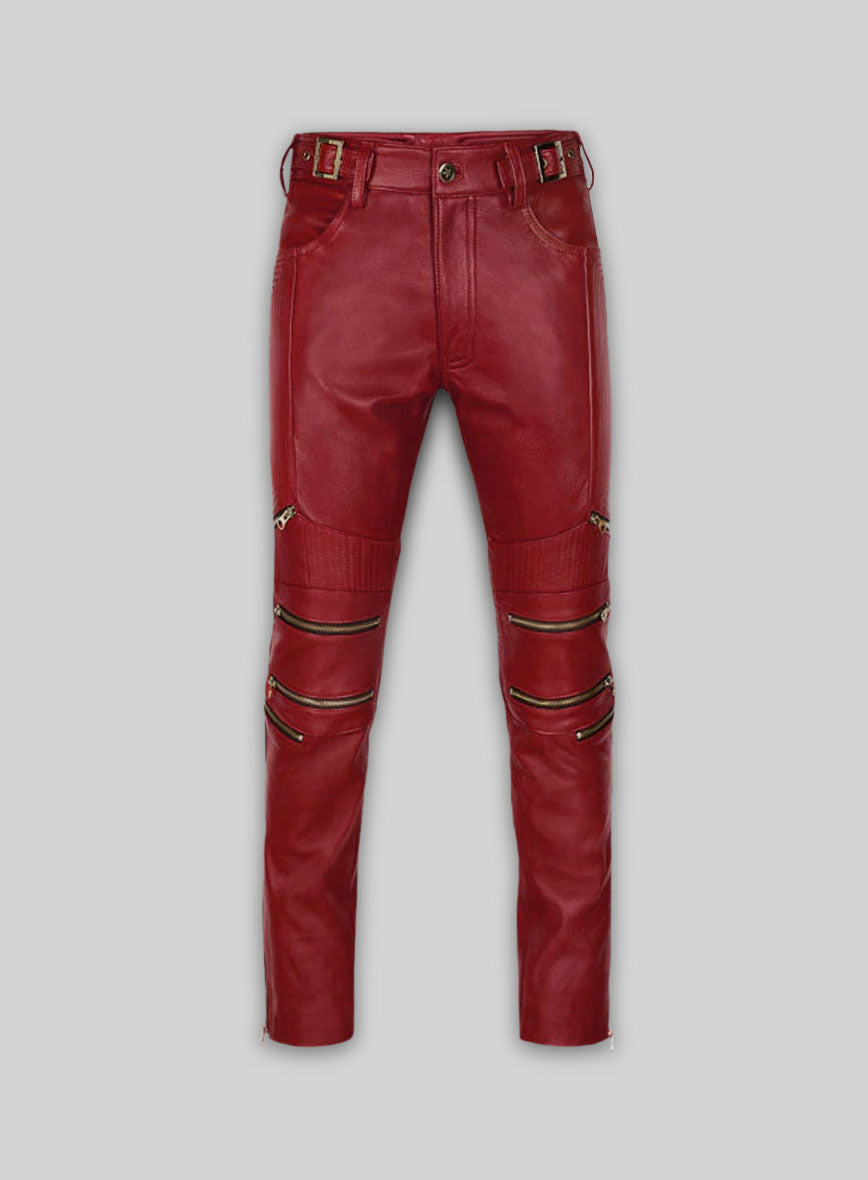 Cherry Red Electric Zipper Mono Leather Pants