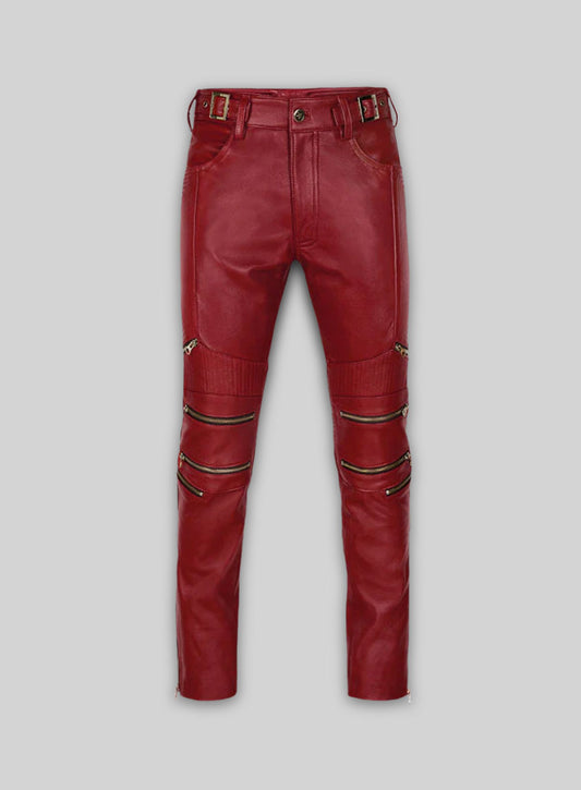 Cherry Red Electric Zipper Mono Leather Pants