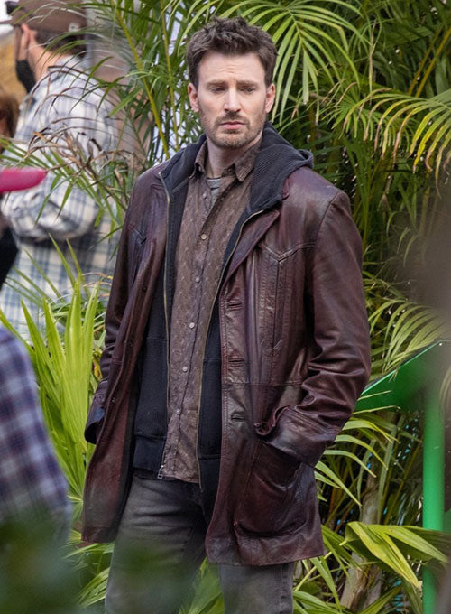 Chris Evans Red One Leather Trench Coat - LeatherCult