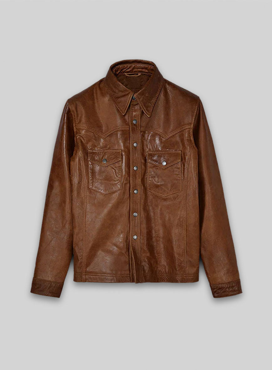 Cognac V Tab Leather Shirt Jacket