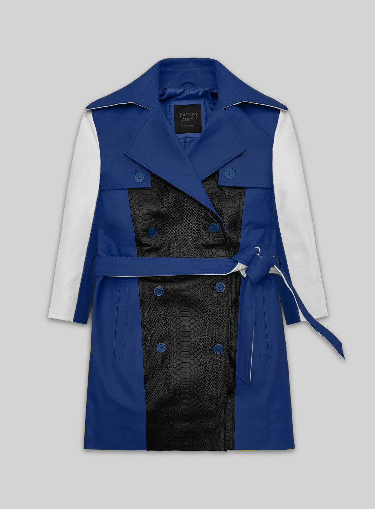 Blue leather trench coat with black python-embossed front panel, white sleeves and belt