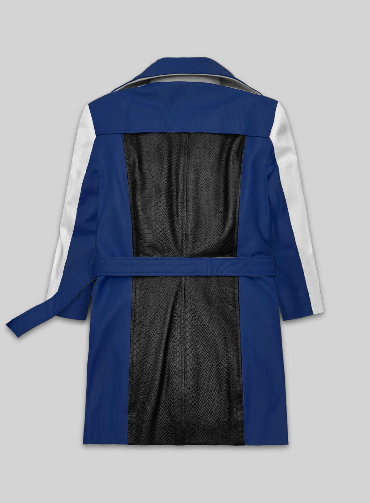 Back view of a blue leather trench coat with black snake-embossed panel, white sleeves and belt