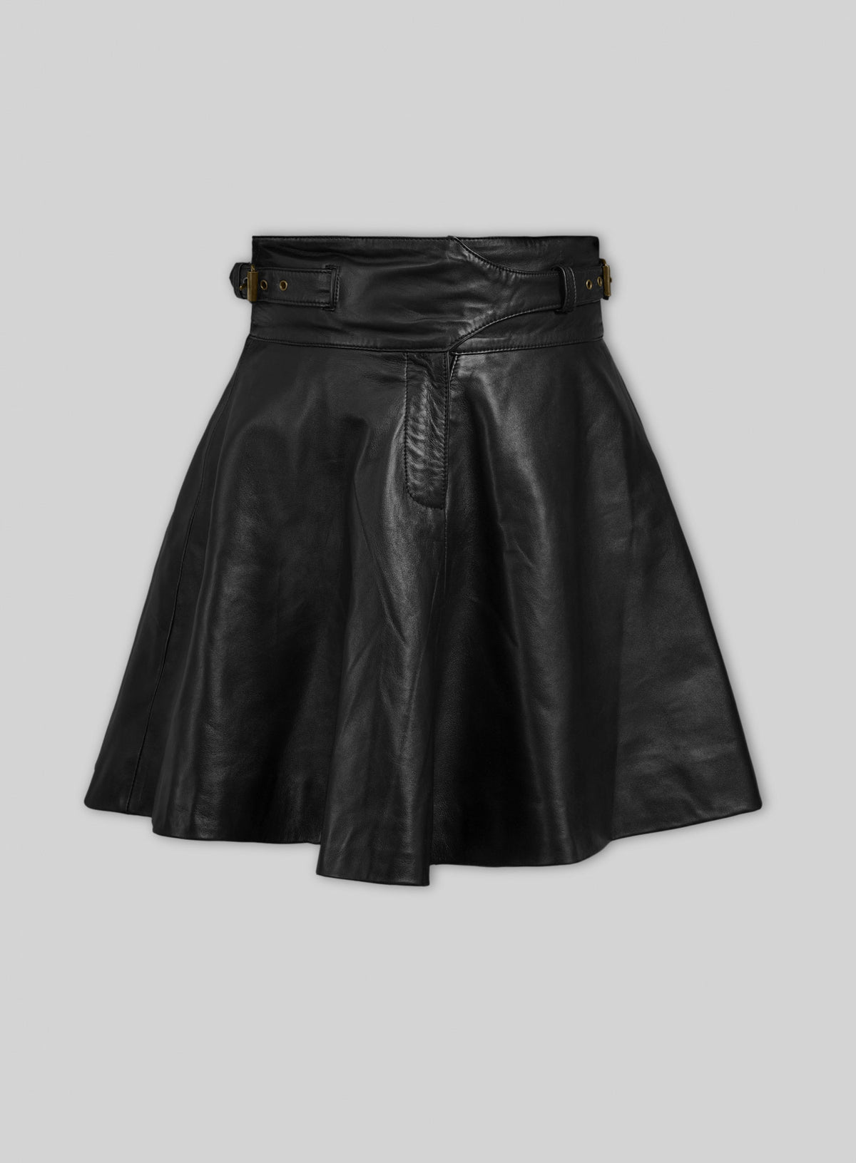 Front view of a black cowboy flare leather skirt with buckle waist straps
