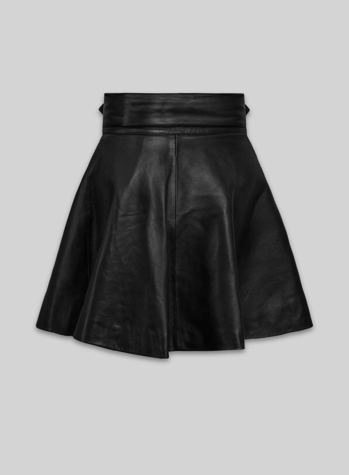 Back view of a black flared leather skirt with wide waistband
