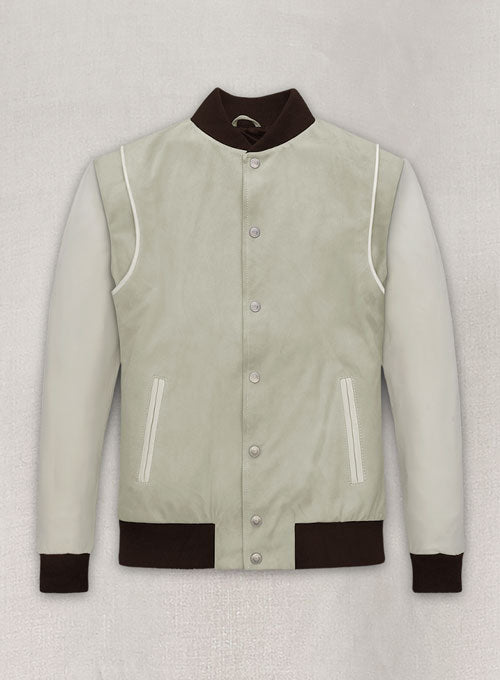 Cream Beige Suede Varsity Noir Leather Jacket - LeatherCult