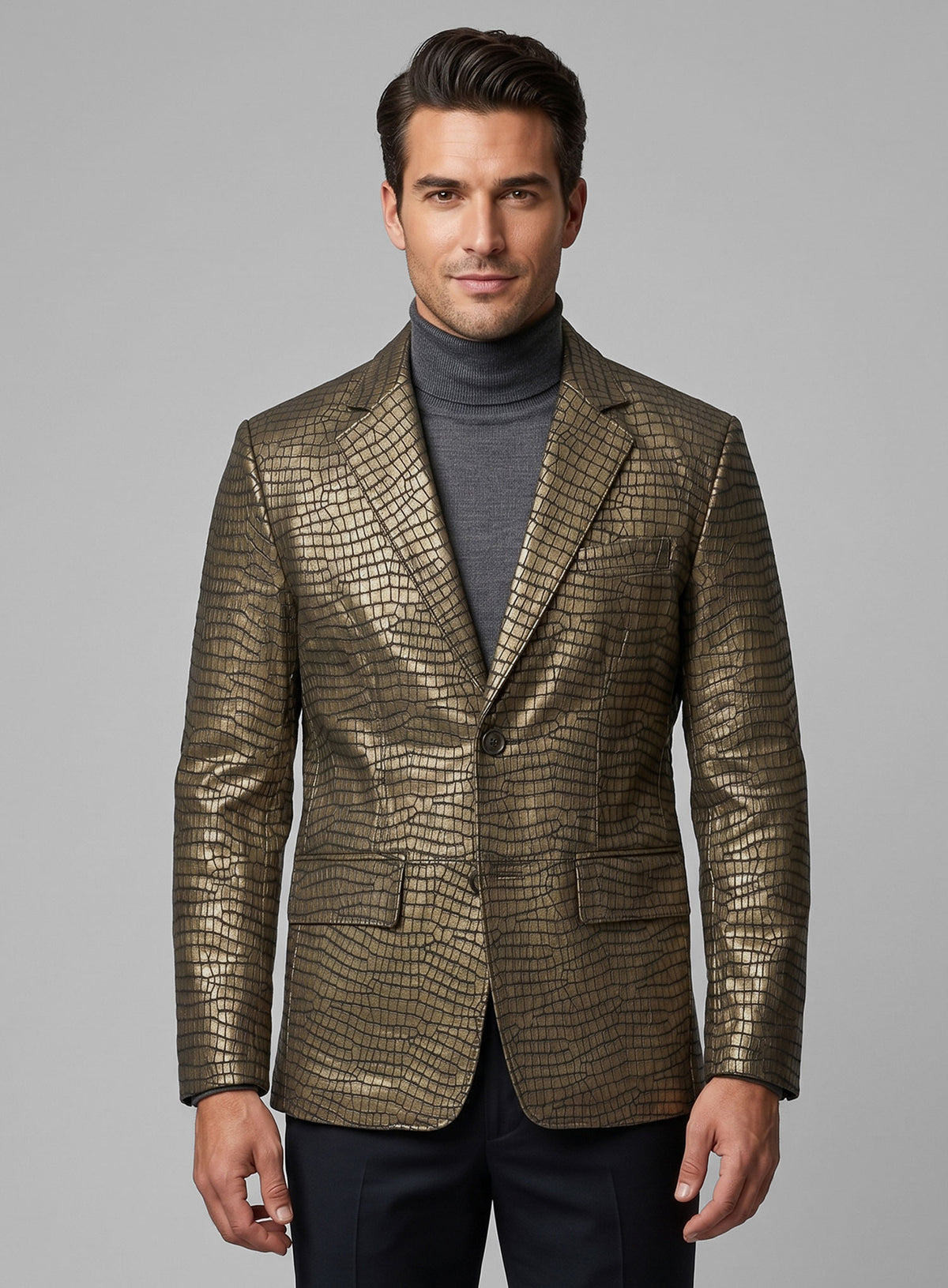 Man wearing an antique gold croc-embossed leather blazer with grey turtleneck, close-up