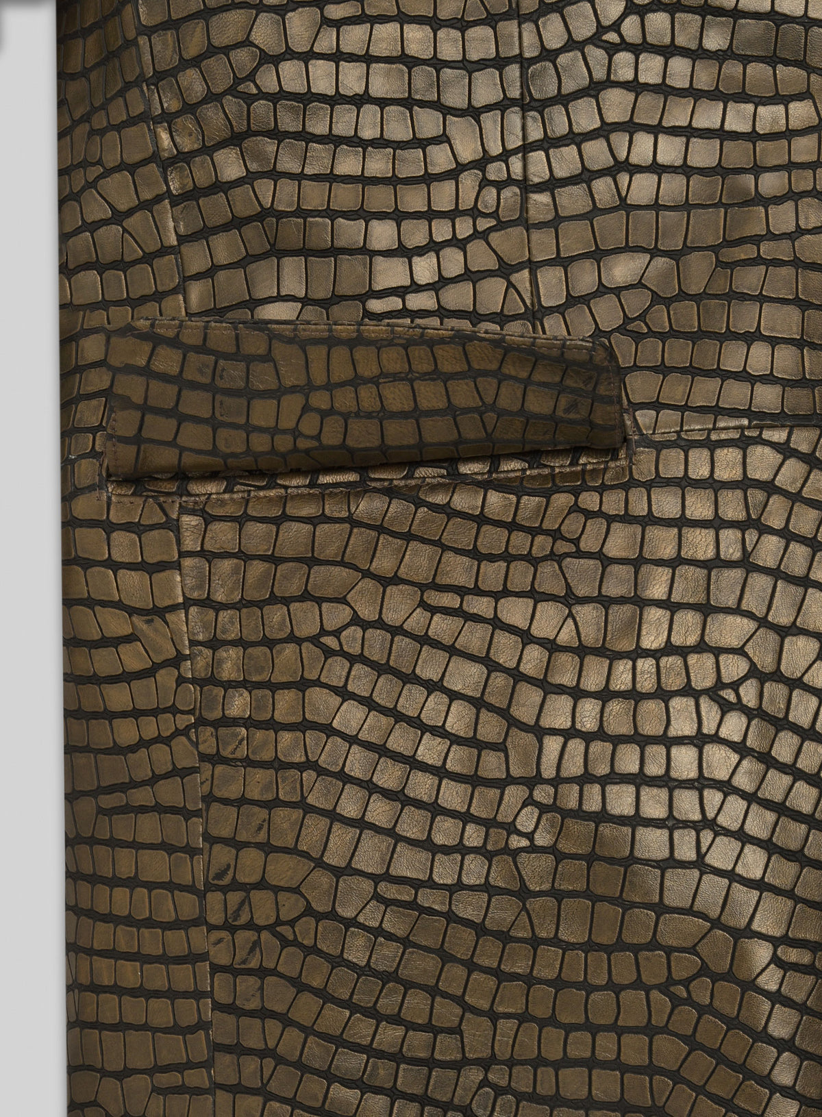 Detail of croc-embossed antique gold leather blazer flap pocket