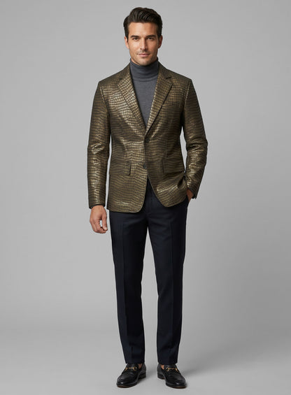 Full-length view of a man wearing an antique gold croc-embossed leather blazer
