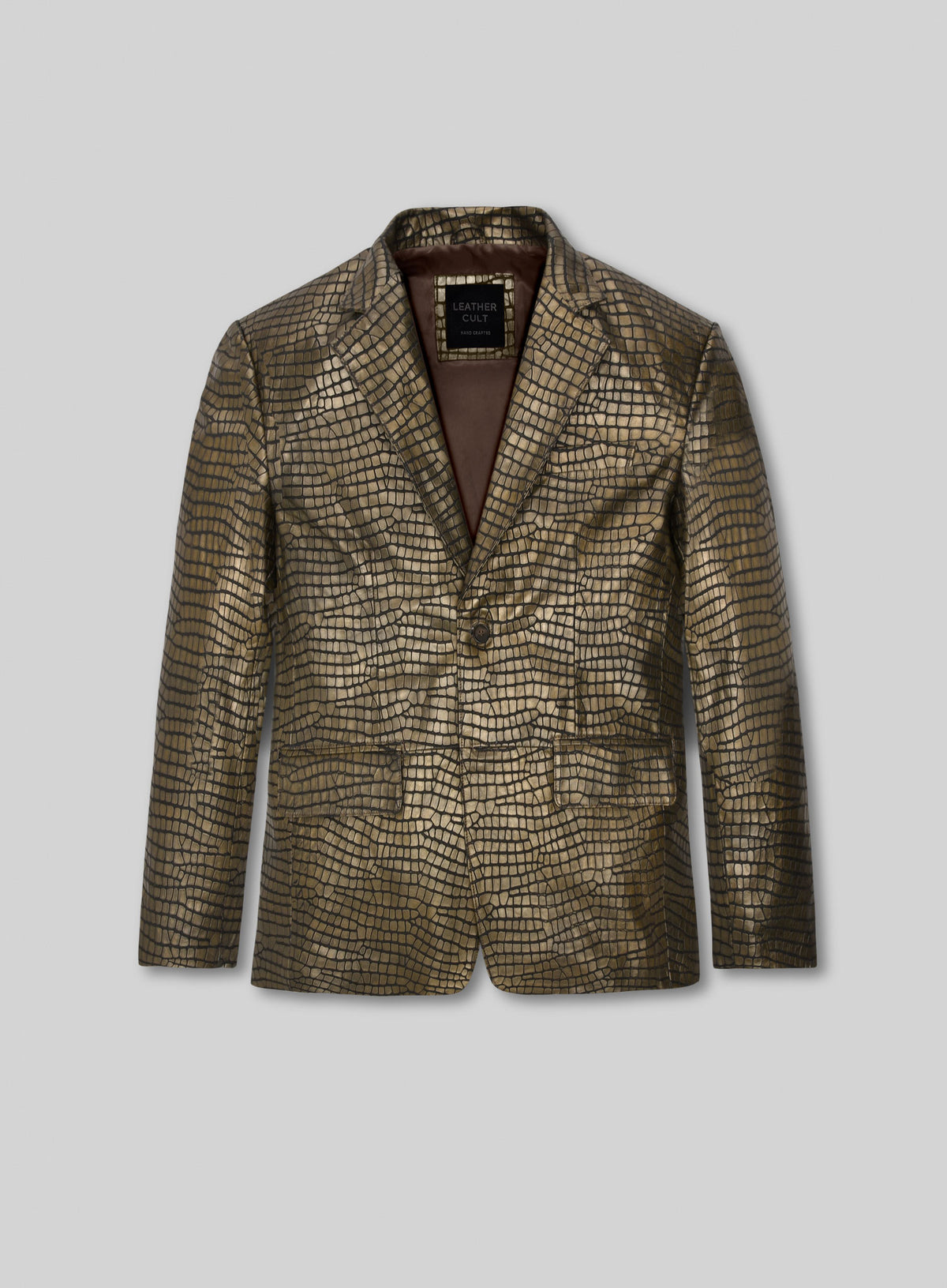 Front view of an antique gold croc-embossed leather blazer with notch lapel and flap pockets