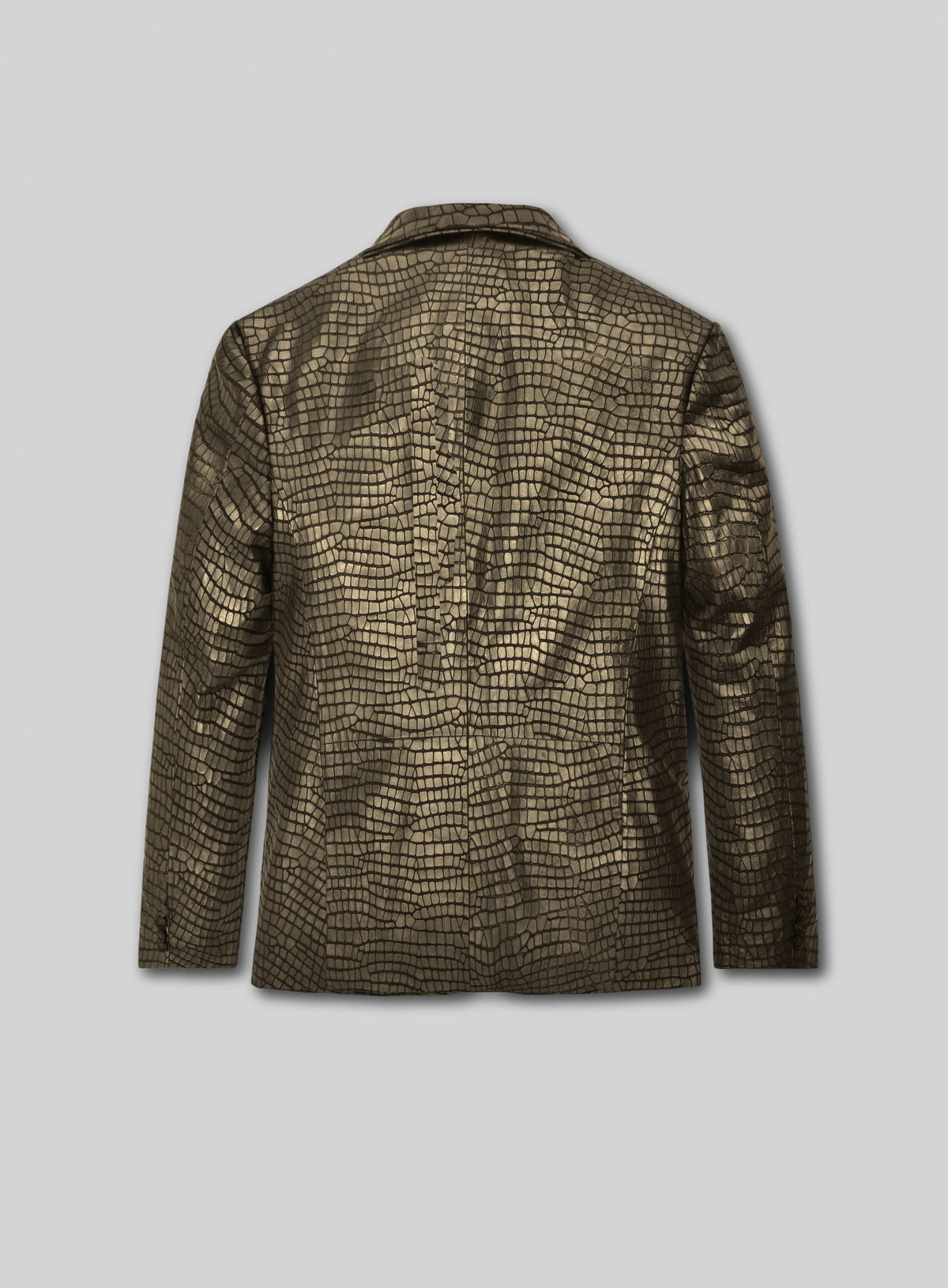 Back view of an antique gold croc-embossed leather blazer