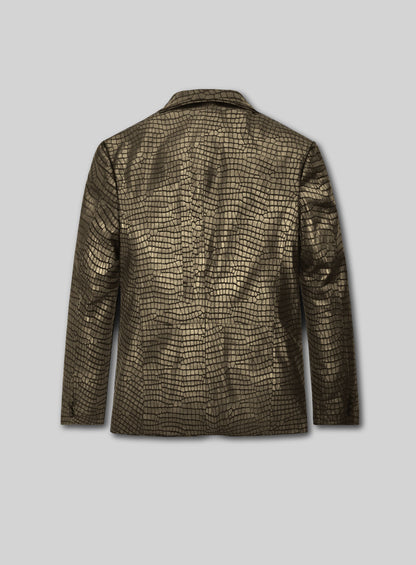 Back view of an antique gold croc-embossed leather blazer