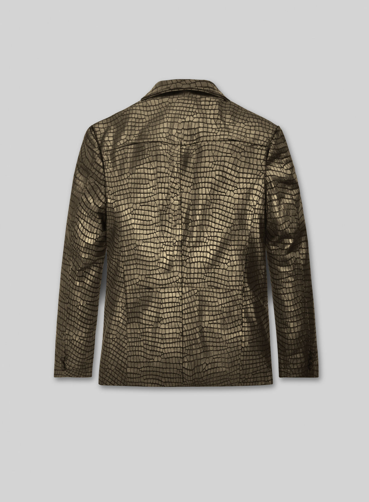Back view of an antique gold croc-embossed western leather blazer