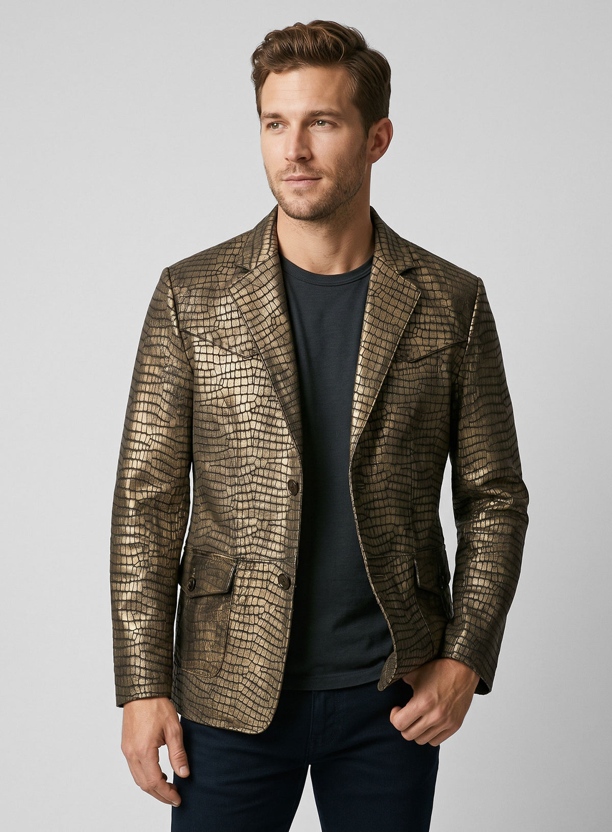 Man wearing an antique gold croc leather western blazer, half-length front view